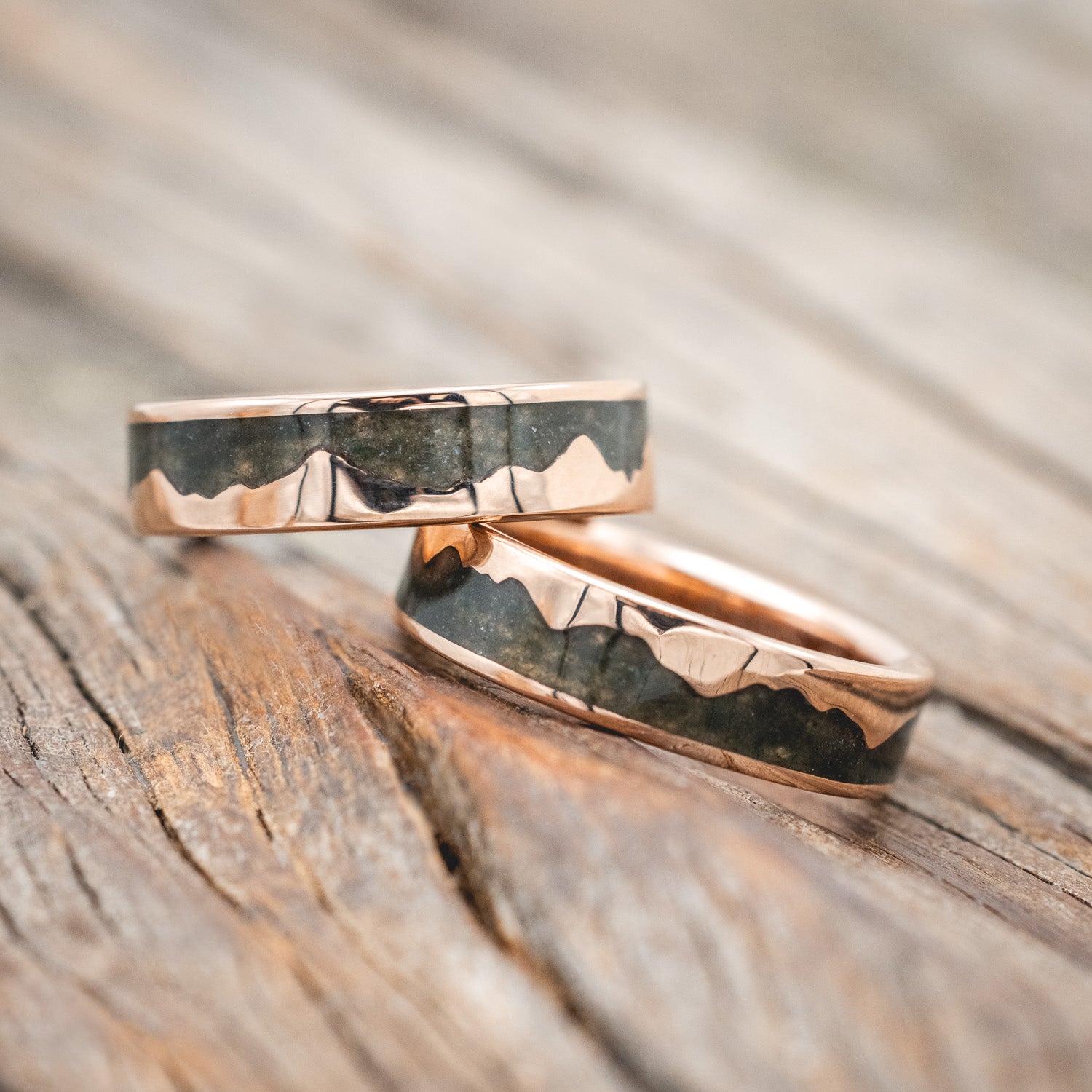 "HELIOS" - MATCHING SET OF CRUSHED MOSS AGATE MOUNTAIN RANGE WEDDING BANDS-Staghead Designs