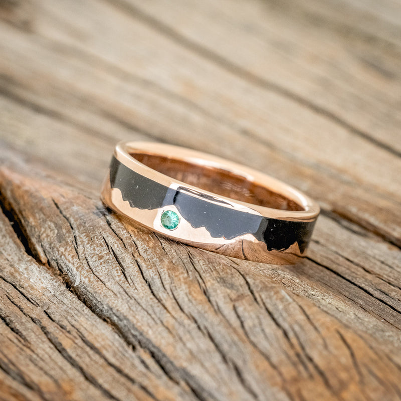 "HELIOS" - MATCHING SET OF JET STONE & GOLD MOUNTAIN RANGE WEDDING BANDS WITH A LAB GROWN EMERALD ACCENT-3