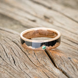 "HELIOS" - MATCHING SET OF JET STONE & GOLD MOUNTAIN RANGE WEDDING BANDS WITH A LAB GROWN EMERALD ACCENT-4