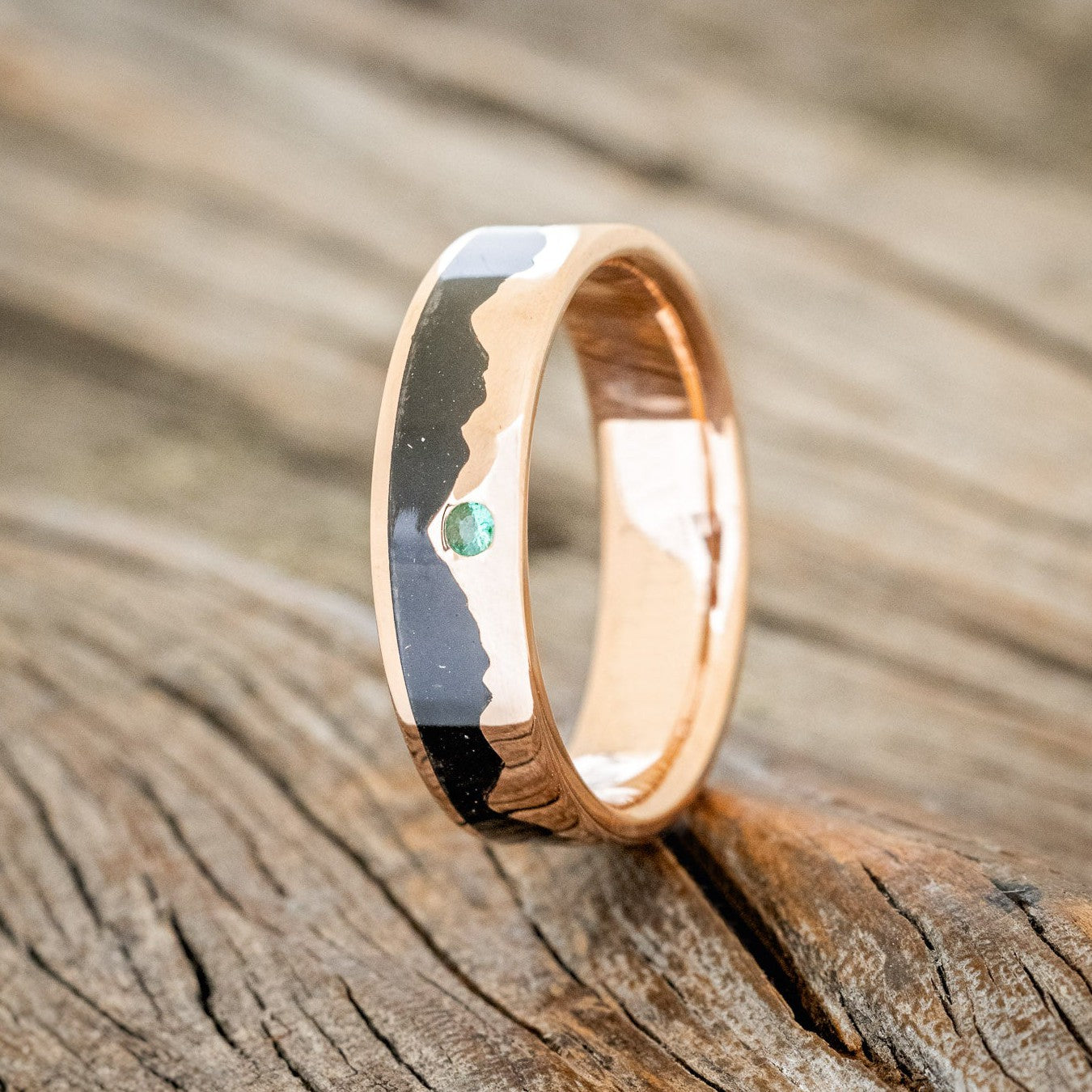 "HELIOS" - JET STONE & GOLD MOUNTAIN RANGE WEDDING RING FEATURING AN EMERALD ACCENT-2