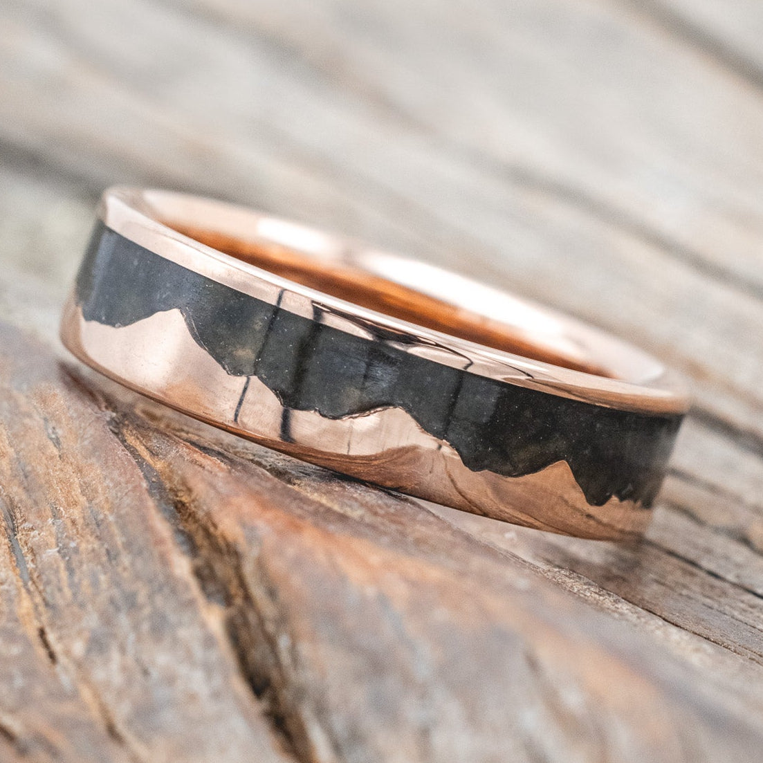 "Helios" - Crushed Moss Agate Mountain Range Wedding Band