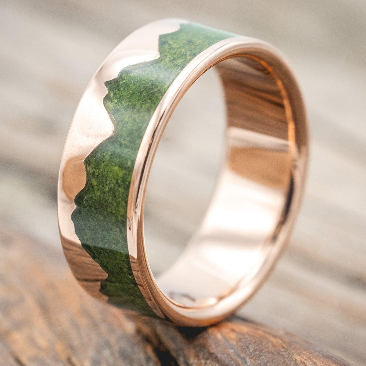 "Helios" - Moss & 14K Gold Mountain Range Men's Wedding Band-Staghead Designs