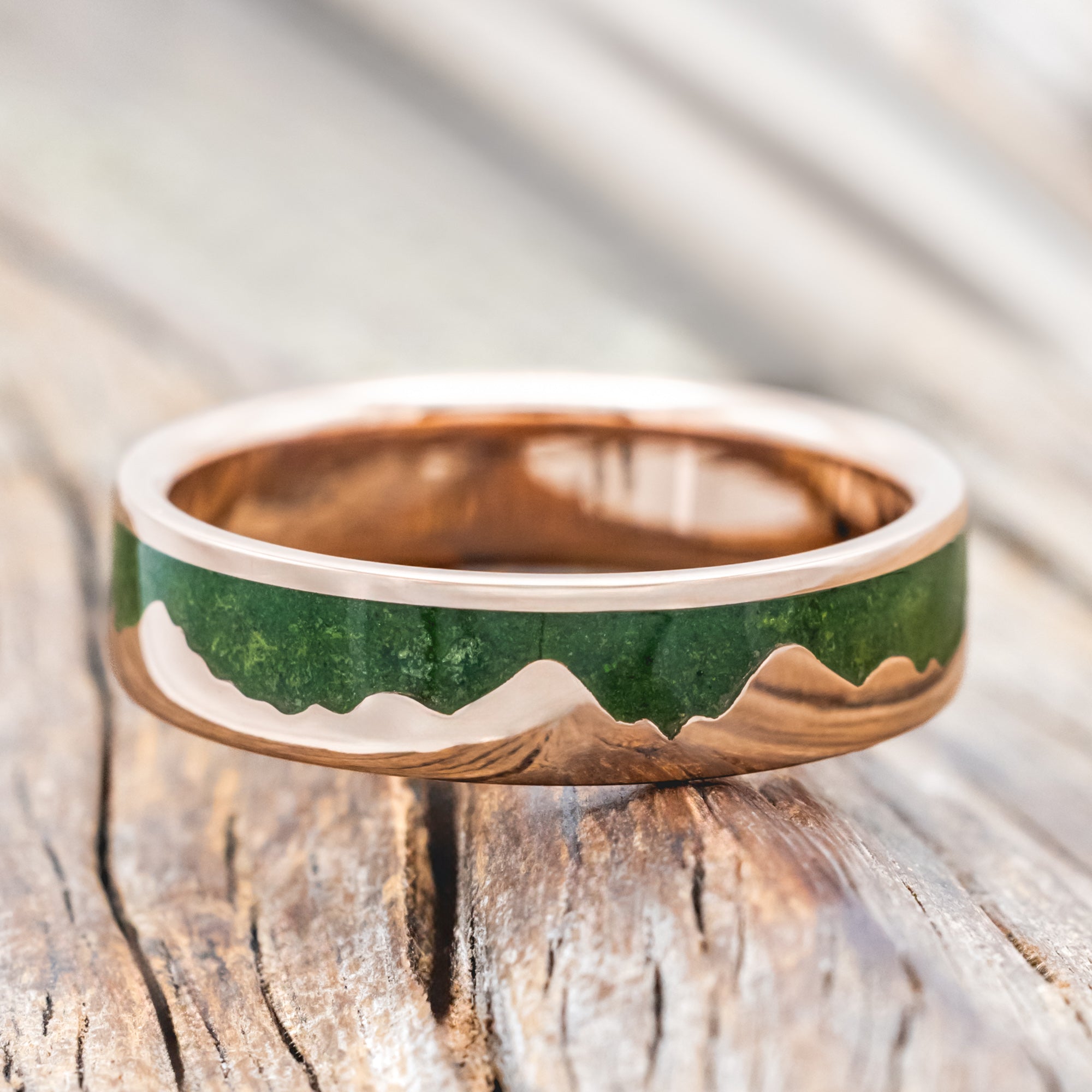"HELIOS" - MOSS & 14K GOLD MOUNTAIN RANGE WEDDING BAND-Staghead Designs