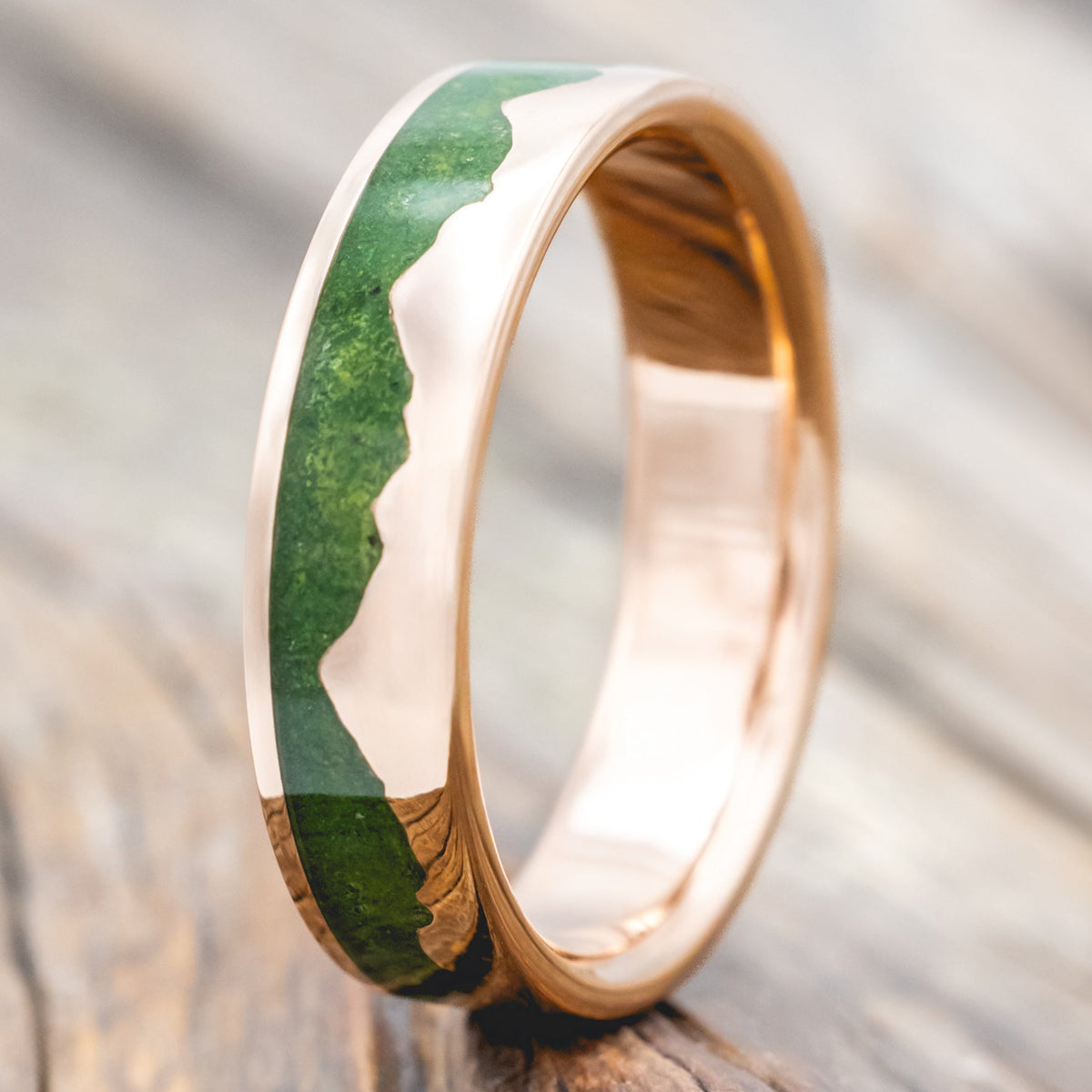 "HELIOS" - MOSS & 14K GOLD MOUNTAIN RANGE WEDDING BAND-Staghead Designs