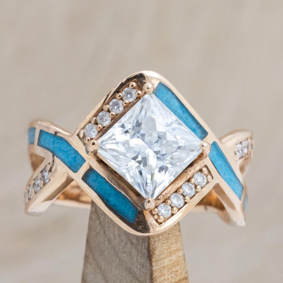 "HELIX" - PRINCESS CUT MOISSANITE ENGAGEMENT RING WITH DIAMOND ACCENTS & TURQUOISE INLAYS-7