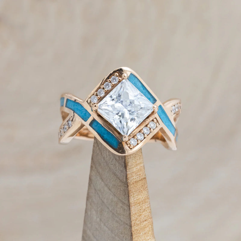 "HELIX" - 2CT PRINCESS CUT MOISSANITE ENGAGEMENT RING WITH DIAMOND ACCENTS & TURQUOISE INLAYS - 14K ROSE GOLD - SIZE 6-Staghead Designs