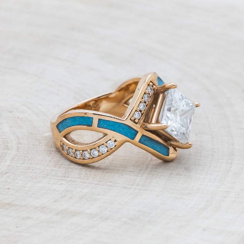 "HELIX" - 2CT PRINCESS CUT MOISSANITE ENGAGEMENT RING WITH DIAMOND ACCENTS & TURQUOISE INLAYS - 14K ROSE GOLD - SIZE 6-Staghead Designs