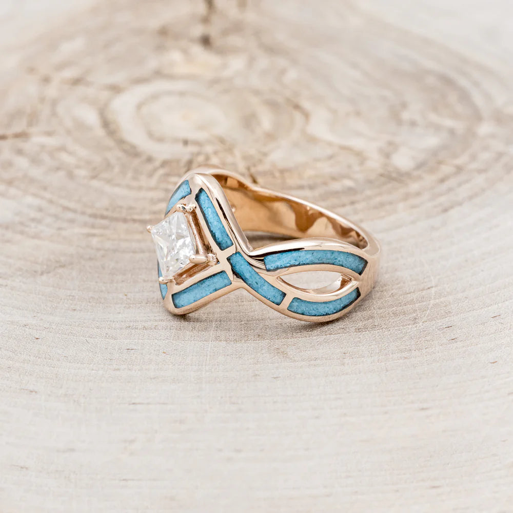 "HELIX" - PRINCESS CUT MOISSANITE ENGAGEMENT RING WITH TURQUOISE INLAYS & A DIAMOND TRACER-Staghead Designs