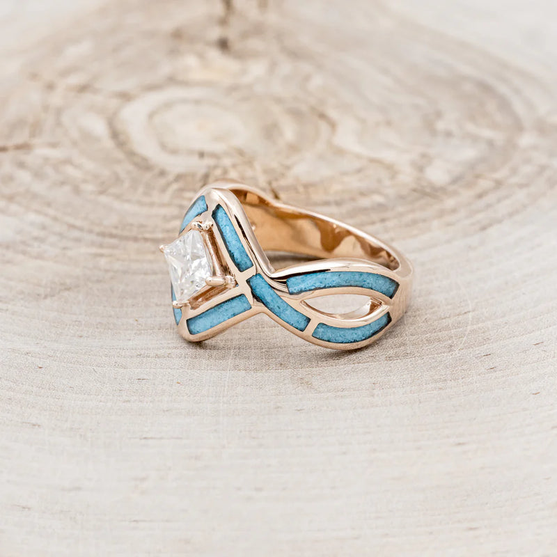 "HELIX" - PRINCESS CUT MOISSANITE ENGAGEMENT RING WITH TURQUOISE INLAYS & A DIAMOND TRACER