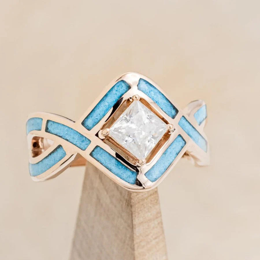 "HELIX" - PRINCESS CUT MOISSANITE ENGAGEMENT RING WITH TURQUOISE INLAYS & A DIAMOND TRACER-Staghead Designs