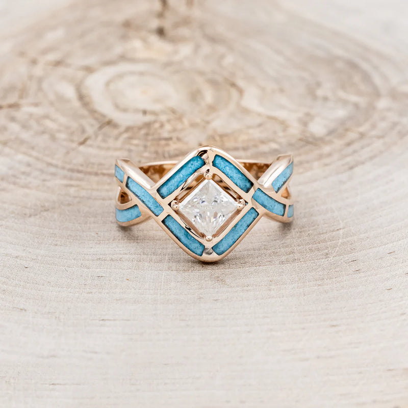 "HELIX" - PRINCESS CUT MOISSANITE ENGAGEMENT RING WITH TURQUOISE INLAYS & A DIAMOND TRACER