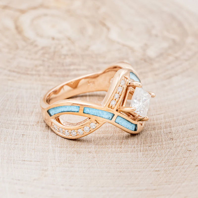 "HELIX" - BRIDAL SUITE - PRINCESS CUT MOISSANITE ENGAGEMENT RING WITH DIAMOND ACCENTS, TURQUOISE, & TRACERS