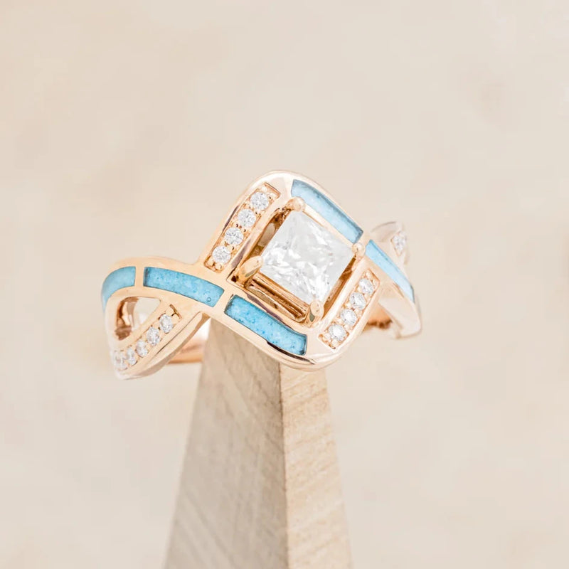 "HELIX" - BRIDAL SUITE - PRINCESS CUT MOISSANITE ENGAGEMENT RING WITH DIAMOND ACCENTS, TURQUOISE, & TRACERS