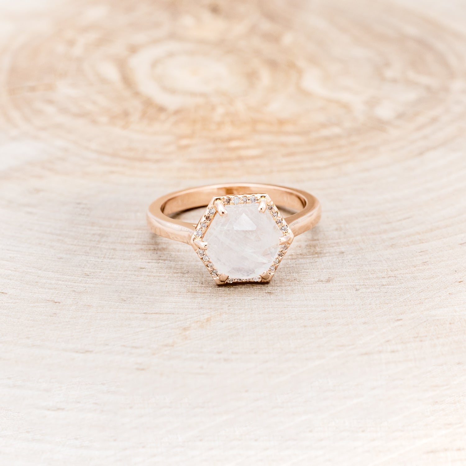 HEXAGON MOONSTONE ENGAGEMENT RING WITH DIAMOND HALO-10