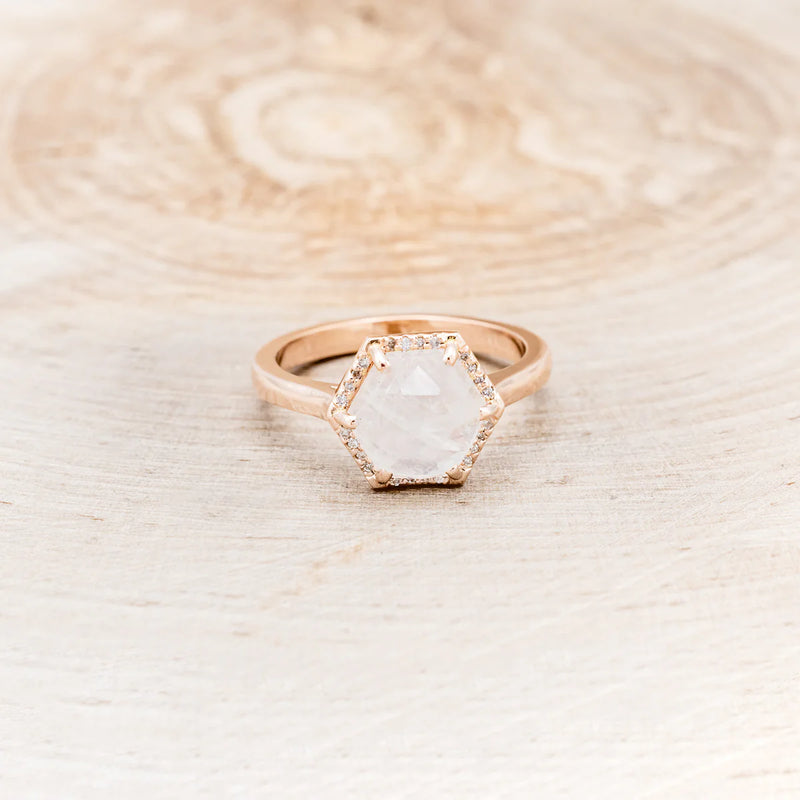 HEXAGON MOONSTONE ENGAGEMENT RING WITH DIAMOND HALO - 14K ROSE GOLD - SIZE 7-Staghead Designs