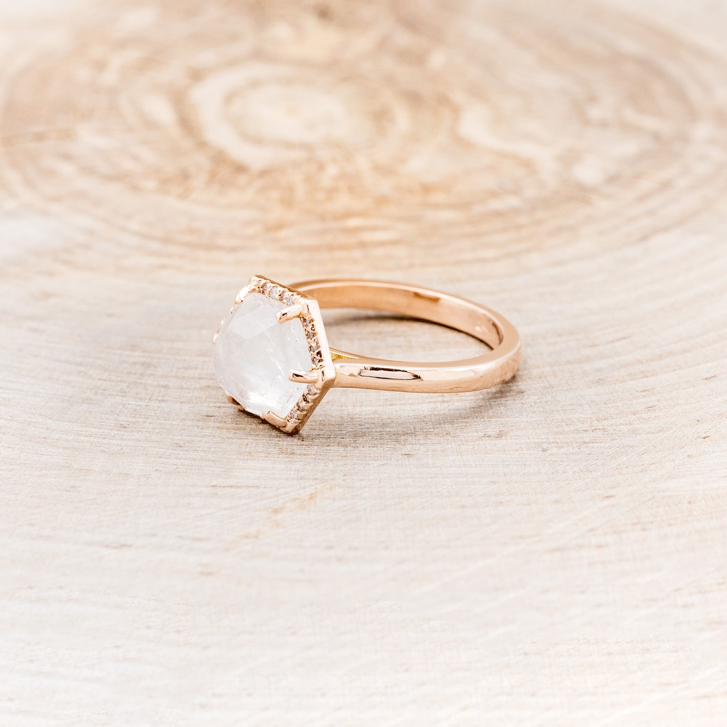 HEXAGON MOONSTONE ENGAGEMENT RING WITH DIAMOND HALO-9