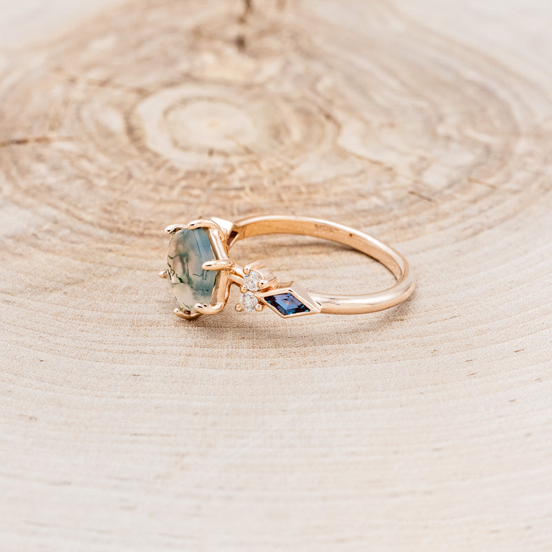 "EVERETT" - HEXAGON MOSS AGATE ENGAGEMENT RING WITH SIDE DIAMOND & LAB GROWN ALEXANDRITE ACCENTS-3