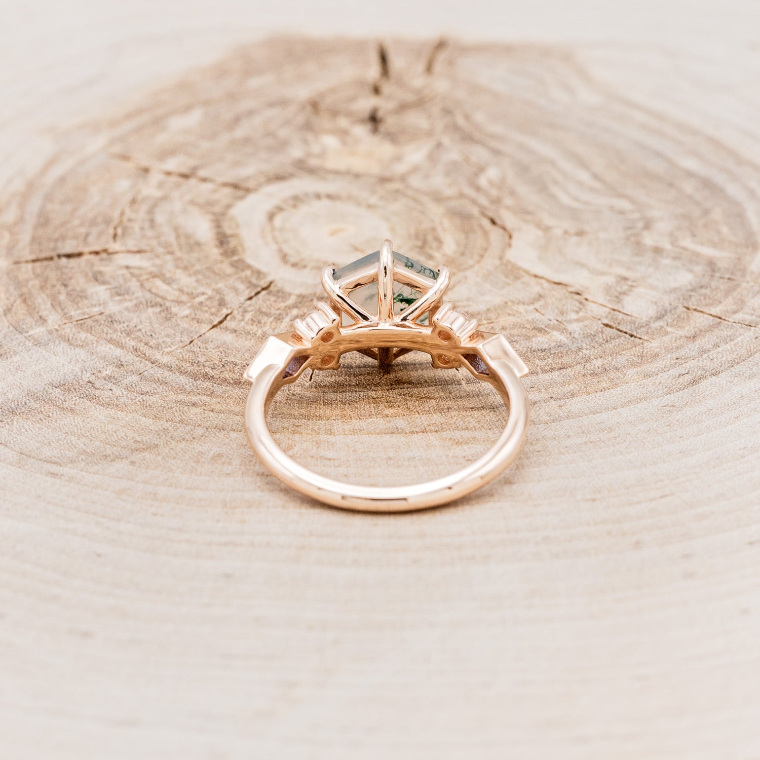 "EVERETT" - HEXAGON MOSS AGATE ENGAGEMENT RING WITH SIDE DIAMOND & LAB GROWN ALEXANDRITE ACCENTS-5