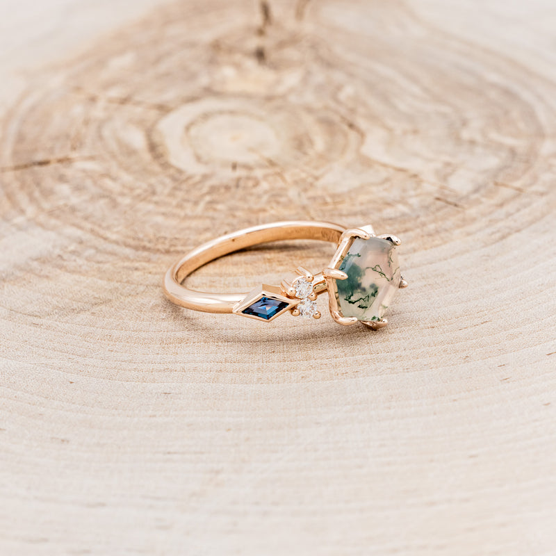 "EVERETT" - HEXAGON MOSS AGATE ENGAGEMENT RING WITH SIDE DIAMOND & LAB GROWN ALEXANDRITE ACCENTS-2