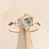 "EVERETT" - HEXAGON MOSS AGATE ENGAGEMENT RING WITH SIDE DIAMOND & LAB GROWN ALEXANDRITE ACCENTS-1