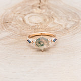 "EVERETT" - HEXAGON MOSS AGATE ENGAGEMENT RING WITH SIDE DIAMOND & LAB GROWN ALEXANDRITE ACCENTS-4