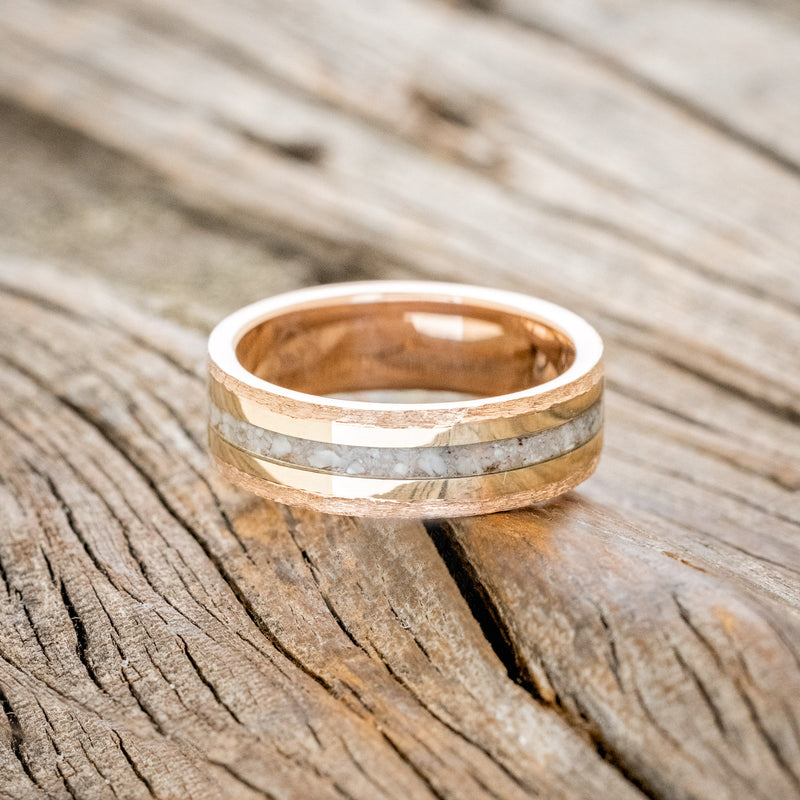 "HOLLIS" - ANTLER & 14K YELLOW GOLD INLAYS WEDDING RING WITH A HAMMERED FINISH-12