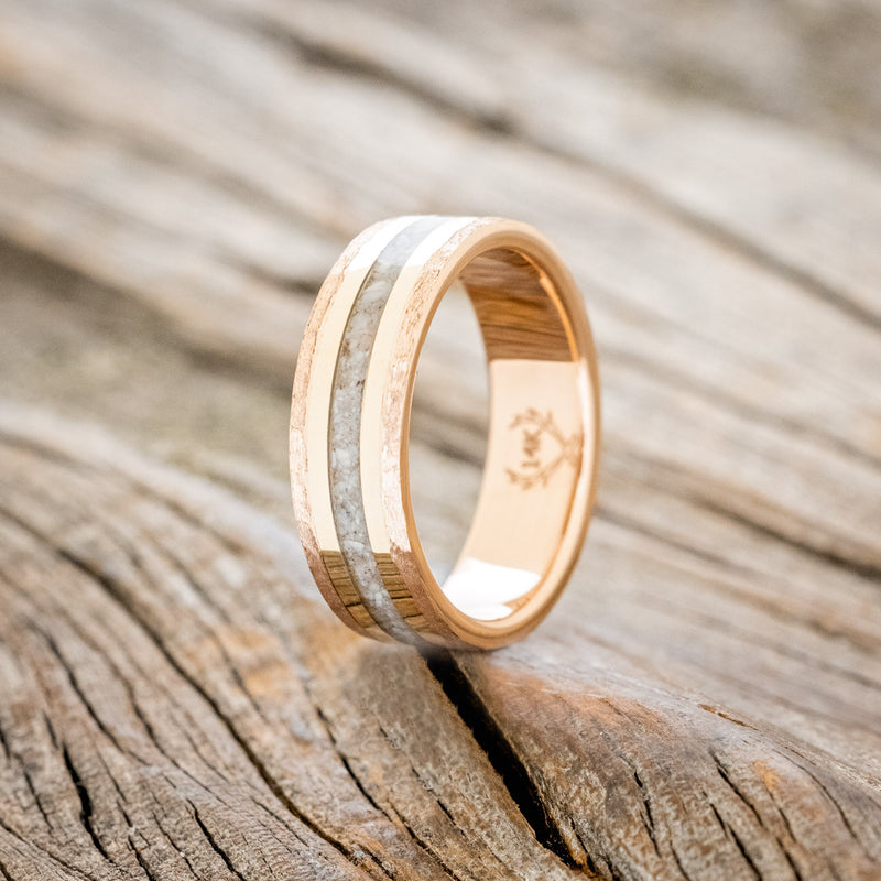 "HOLLIS" - ANTLER & 14K YELLOW GOLD INLAYS WEDDING RING WITH A HAMMERED FINISH-10