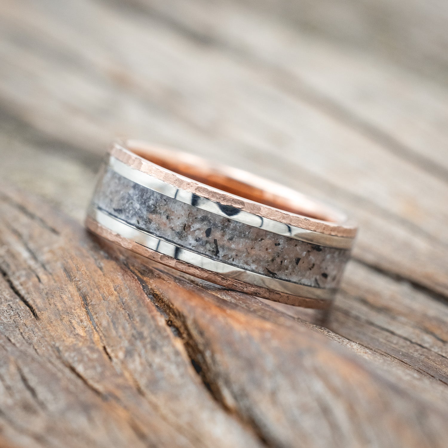 "HOLLIS" - MOONSTONE & 14K GOLD INLAYS WEDDING RING-Staghead Designs