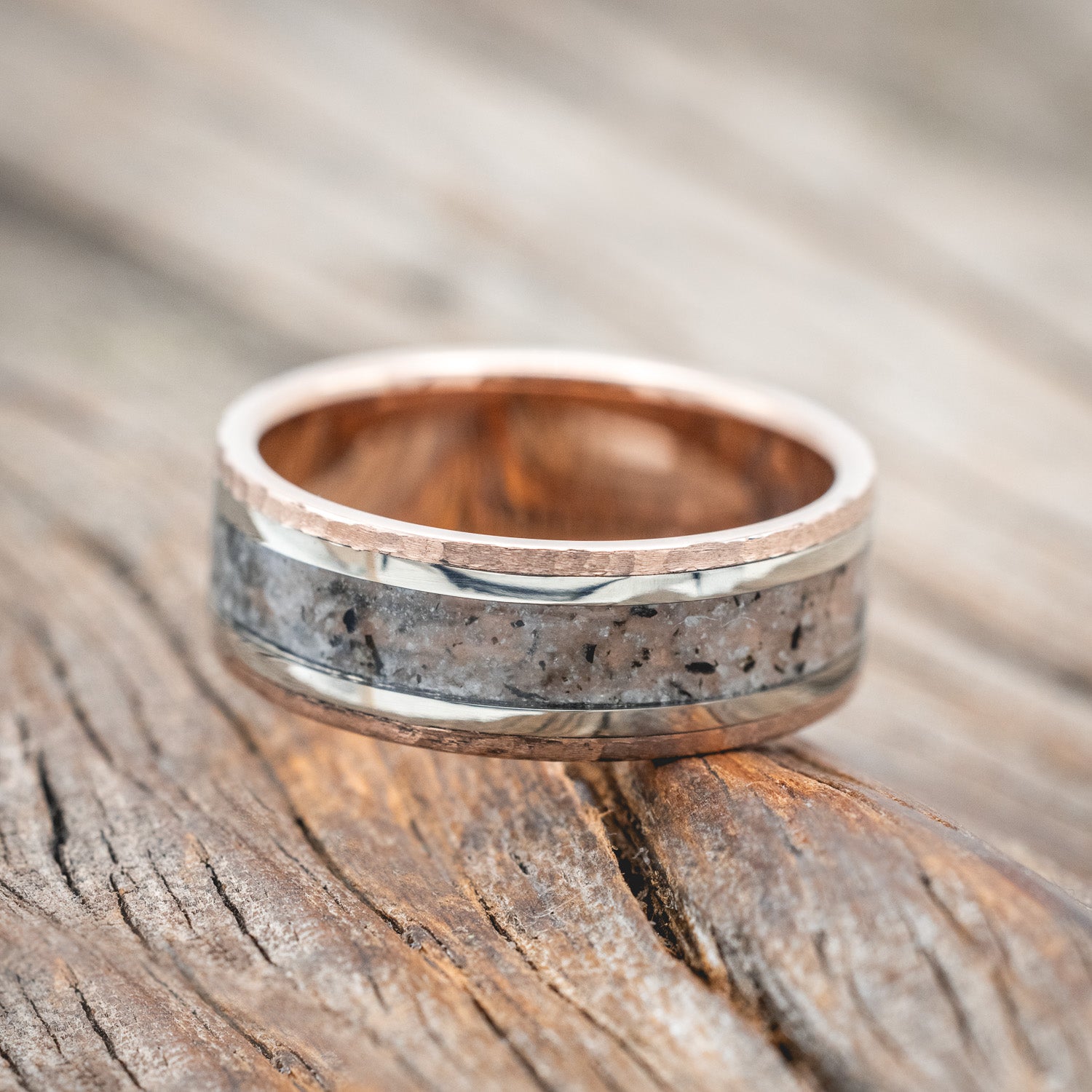 "HOLLIS" - MOONSTONE & 14K GOLD INLAYS WEDDING RING-Staghead Designs