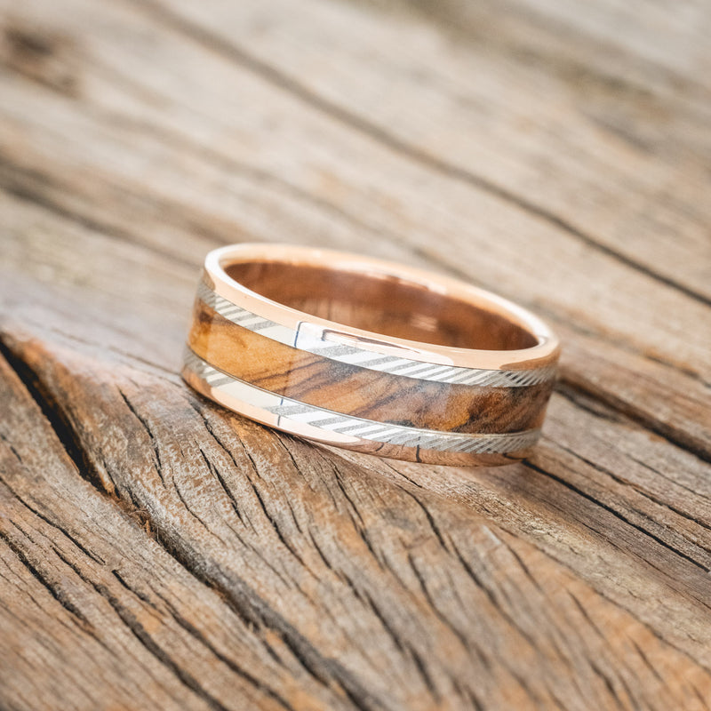 "HOLLIS" - OLIVE WOOD & DAMASCUS STEEL INLAYS WEDDING RING-2