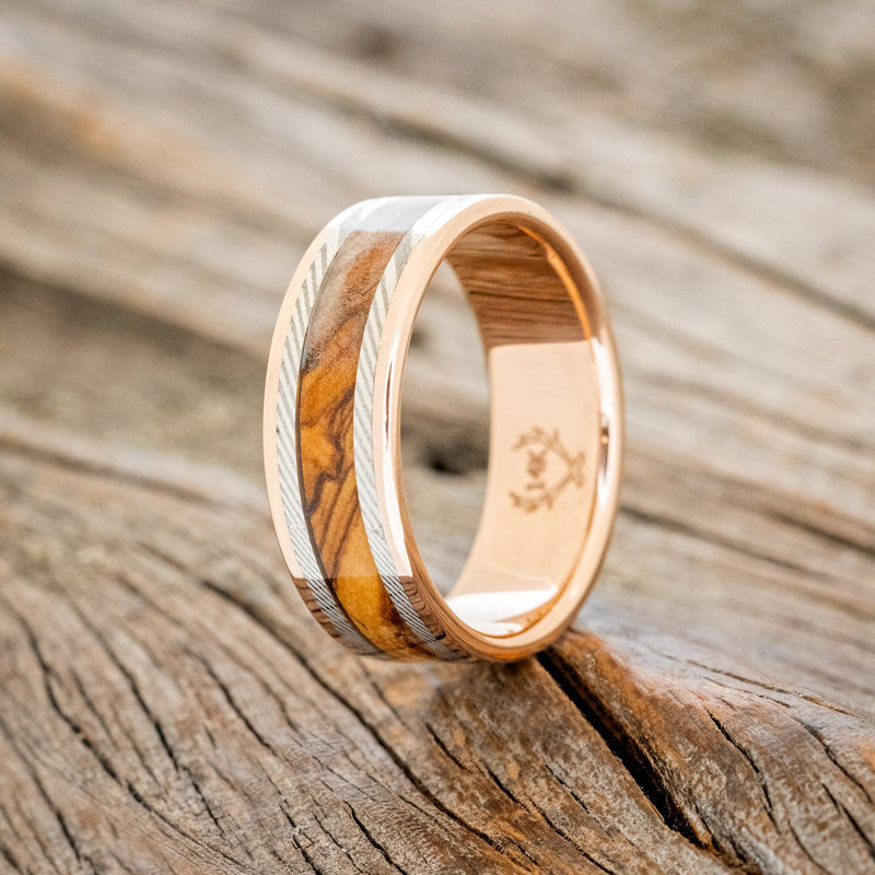 "HOLLIS" - OLIVE WOOD & DAMASCUS STEEL INLAYS WEDDING RING-1