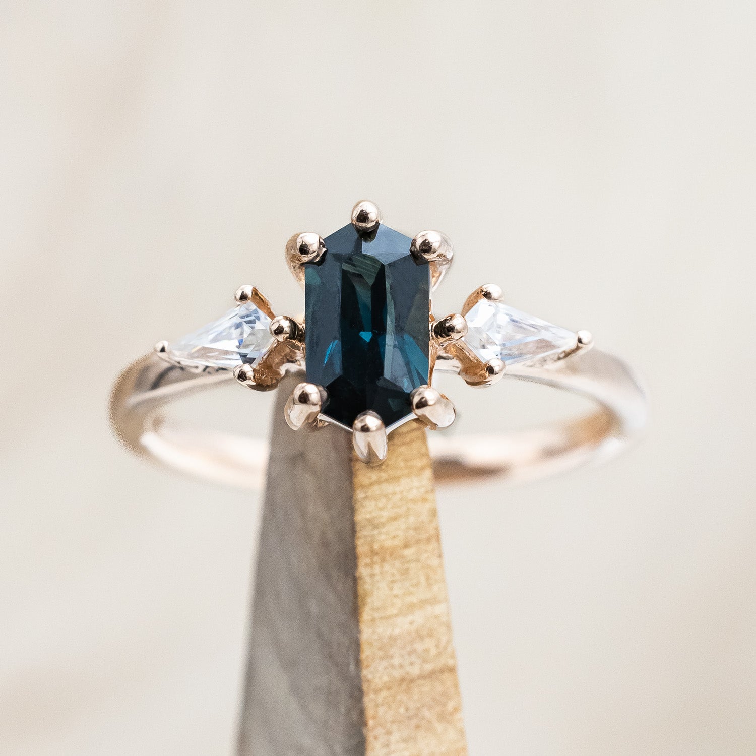 "Isla" - elongated hexagon cut Australian sapphire with moissanite accents in 14K rose gold
