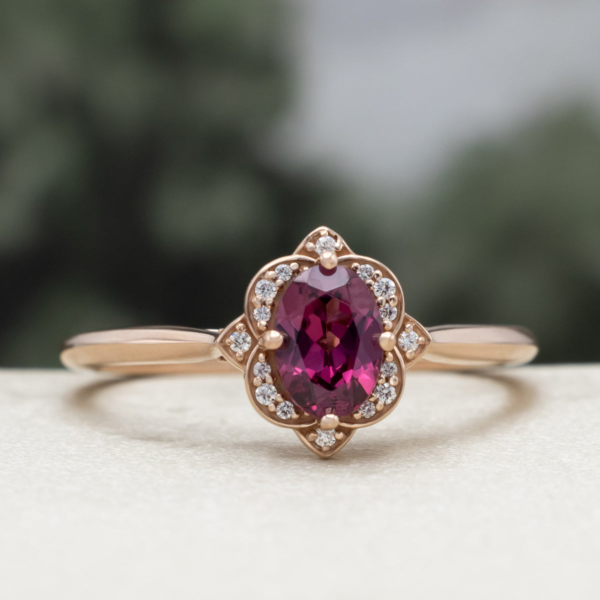 "Jane" - Rhodolite Garnet Engagement Ring With Diamond Accents-Staghead Designs