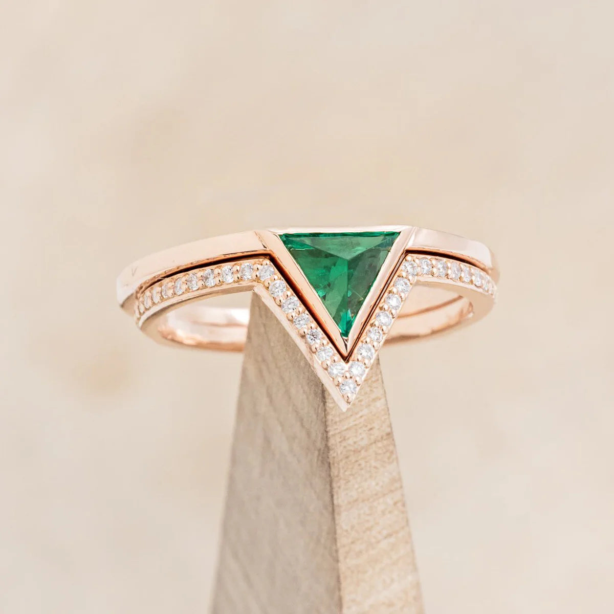 "JENNY" - TRIANGLE CUT LAB-GROWN EMERALD ENGAGEMENT RING WITH DIAMOND TRACER - 14K ROSE GOLD - SIZE 7-Staghead Designs
