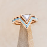 "JENNY FROM THE BLOCK" - TRIANGLE MOONSTONE ENGAGEMENT RING WITH TURQUOISE V-SHAPED TRACER
