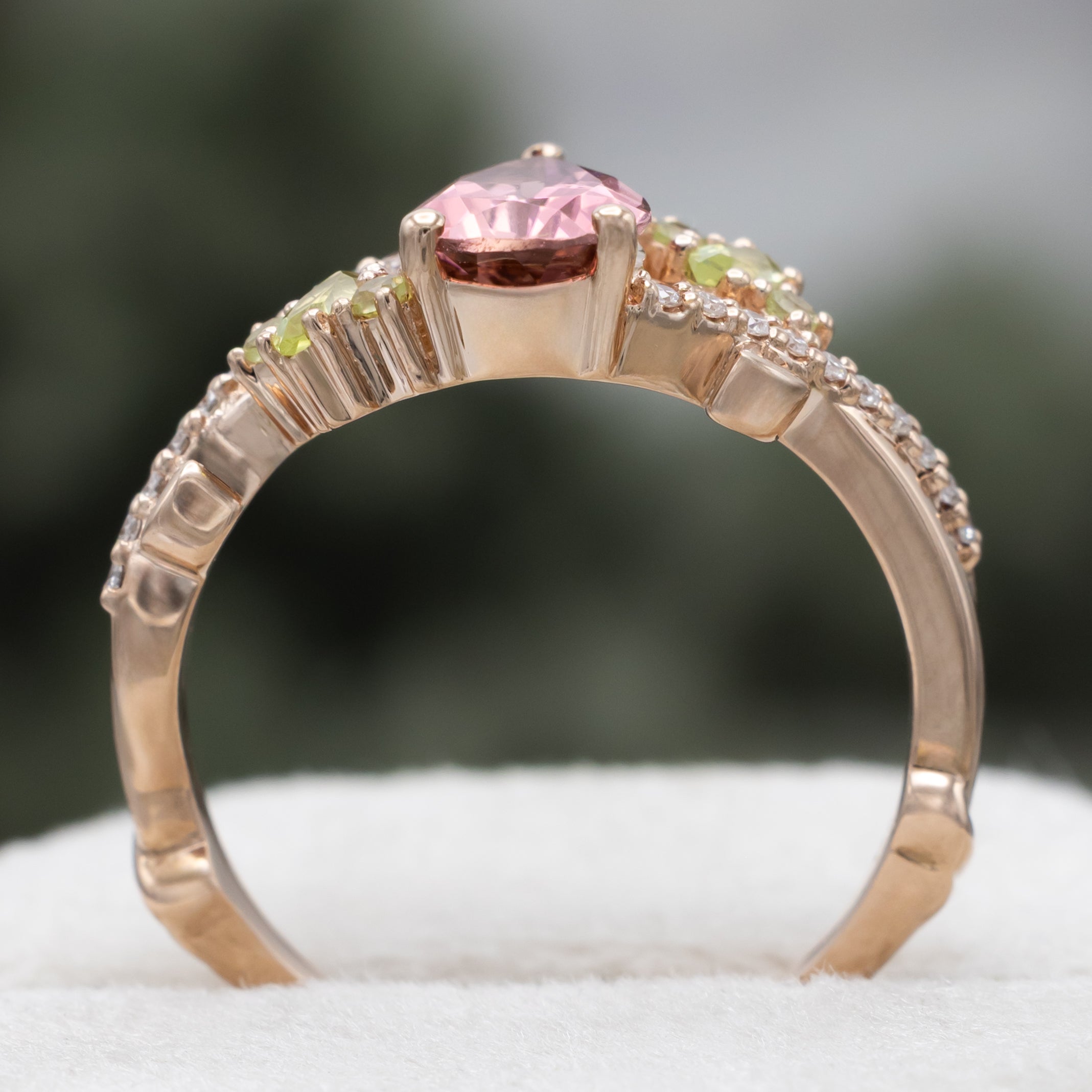 "Kamila" - Pear Cut Pink Tourmaline Engagement Ring With Peridot & Diamond Accents-Staghead Designs