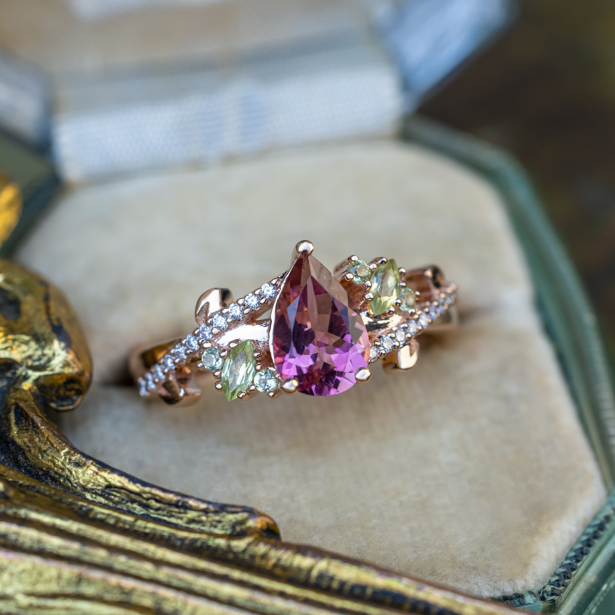 "Kamila" - Pear Cut Pink Tourmaline Engagement Ring With Peridot & Diamond Accents-Staghead Designs