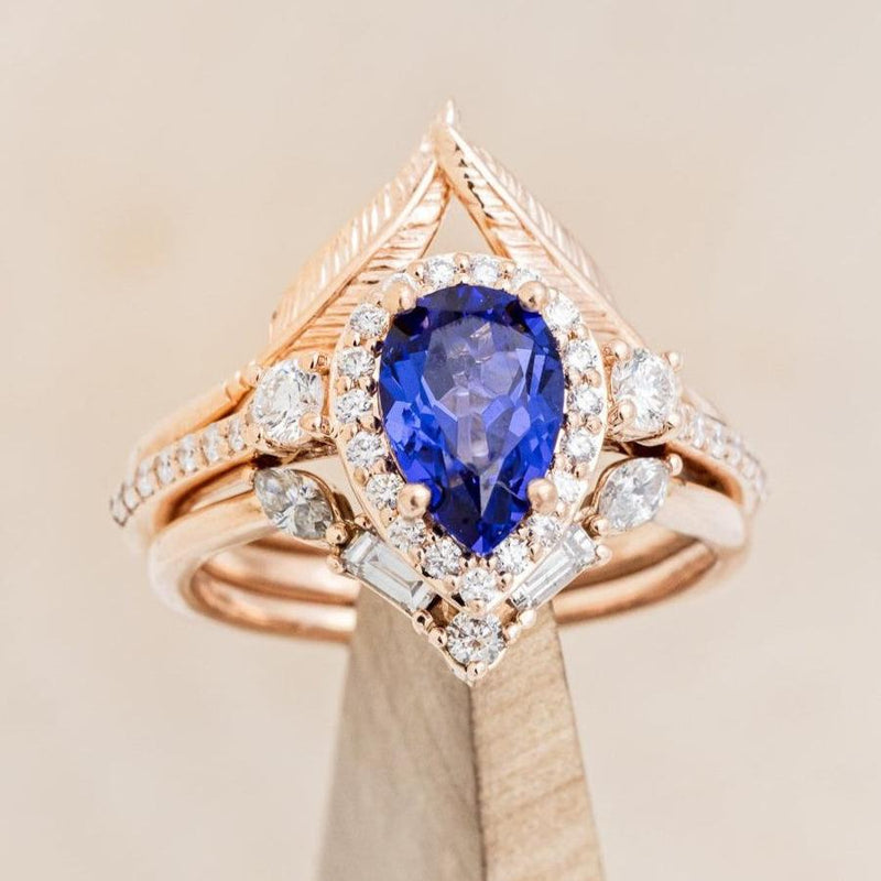 "KB" - BRIDAL SUITE - PEAR SHAPED LAB-GROWN BLUE SAPPHIRE ENGAGEMENT RING WITH "MELODY" & "FALA" TRACERS-1