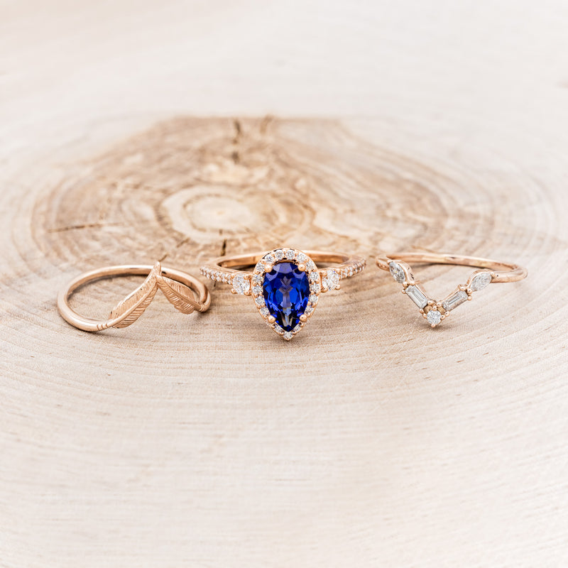 "KB" - BRIDAL SUITE - PEAR SHAPED LAB-GROWN BLUE SAPPHIRE ENGAGEMENT RING WITH "MELODY" & "FALA" TRACERS-8