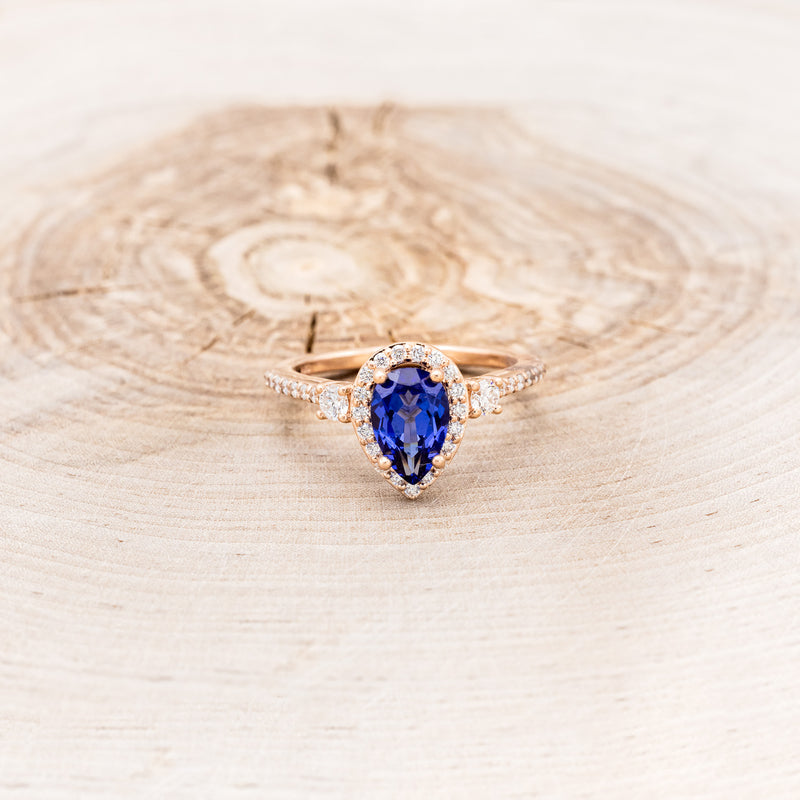 "KB" - BRIDAL SUITE - PEAR SHAPED LAB-GROWN BLUE SAPPHIRE ENGAGEMENT RING WITH "MELODY" & "FALA" TRACERS-22