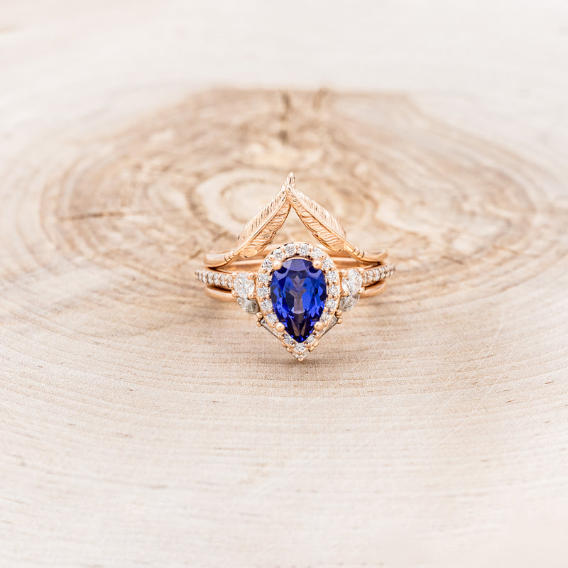 "KB" - BRIDAL SUITE - PEAR SHAPED LAB-GROWN BLUE SAPPHIRE ENGAGEMENT RING WITH "MELODY" & "FALA" TRACERS-4