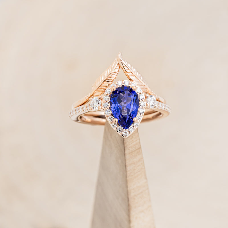 "KB" - BRIDAL SUITE - PEAR SHAPED LAB-GROWN BLUE SAPPHIRE ENGAGEMENT RING WITH "MELODY" & "FALA" TRACERS-9