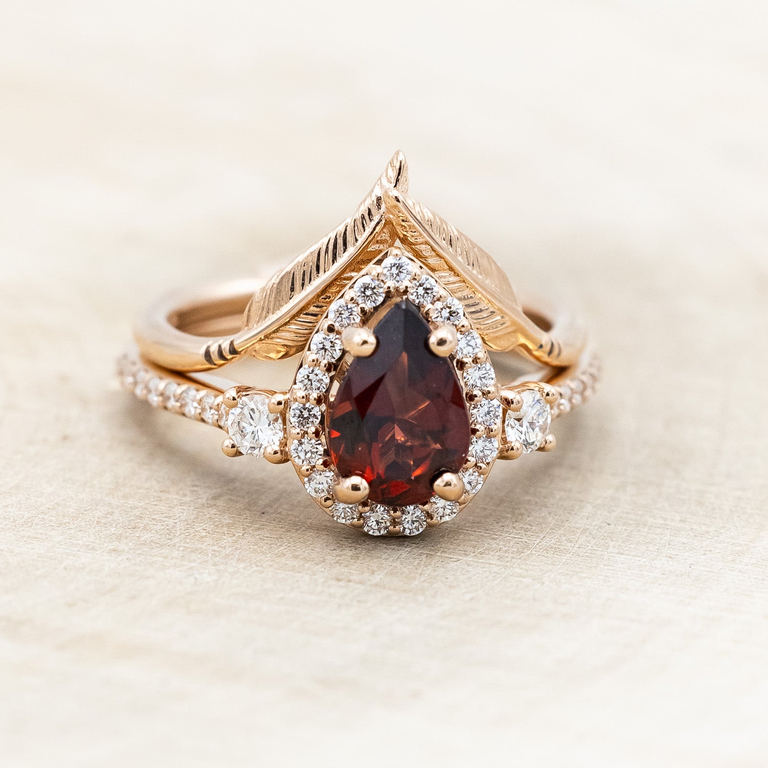 "KB" - PEAR CUT MOZAMBIQUE GARNET ENGAGEMENT RING WITH "FALA" TRACER-Staghead Designs