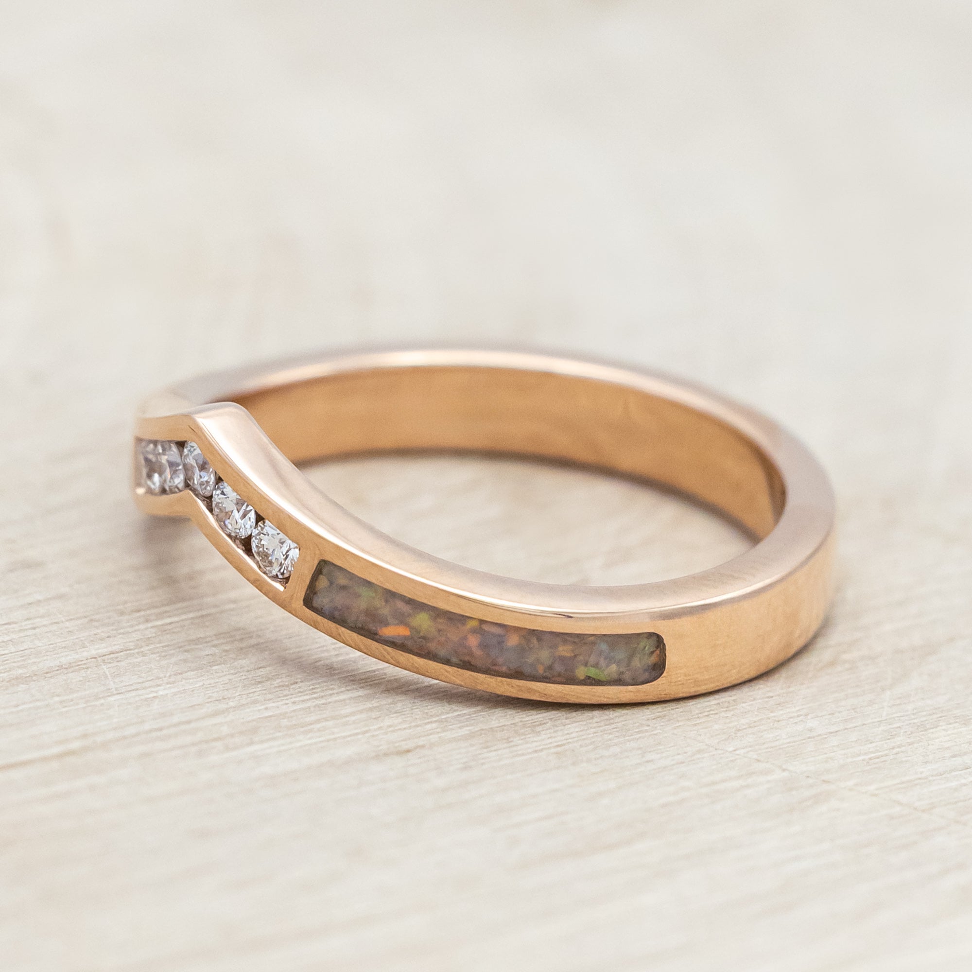 "KIDA" - V-SHAPED STACKING BAND WITH DIAMONDS & FIRE & ICE OPAL INLAYS-Staghead Designs