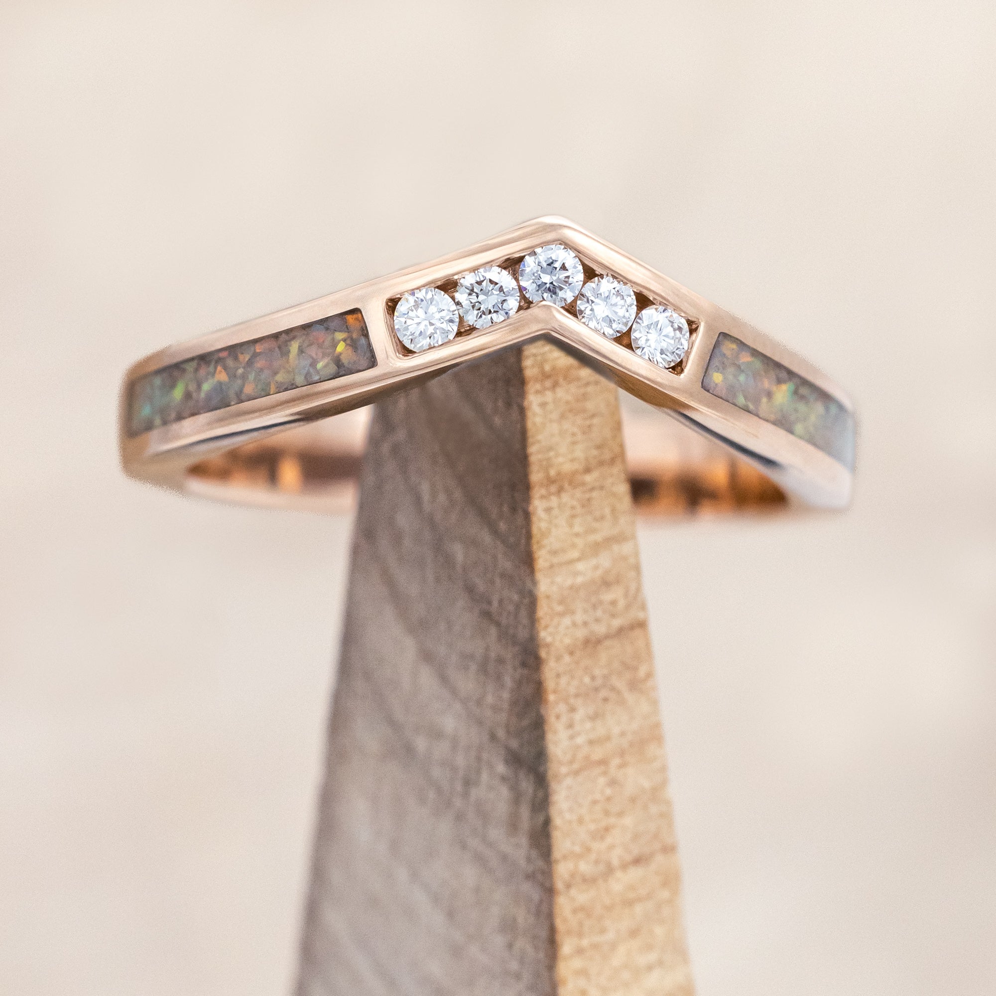 "KIDA" - V-SHAPED STACKING BAND WITH DIAMONDS & FIRE & ICE OPAL INLAYS-Staghead Designs