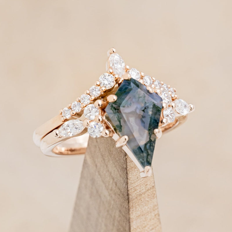 "SAGE" - KITE CUT MOSS AGATE ENGAGEMENT RING WITH DIAMOND ACCENTS & DIAMOND TRACER - EXPEDITED-1