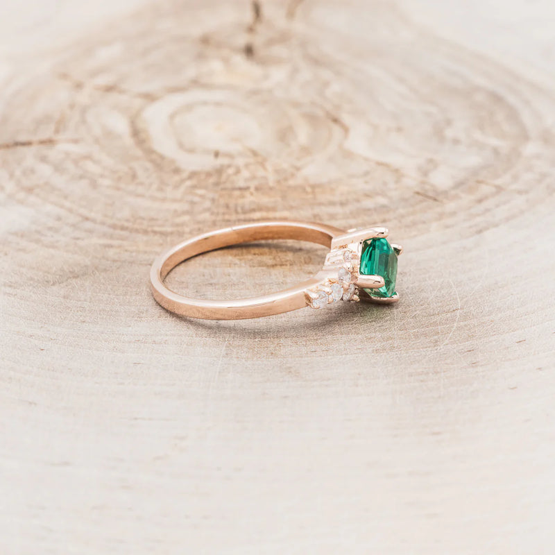 "LAYLA" - PRINCESS CUT LAB-GROWN EMERALD ENGAGEMENT RING WITH DIAMOND ACCENTS - 14K ROSE GOLD - SIZE 7-2