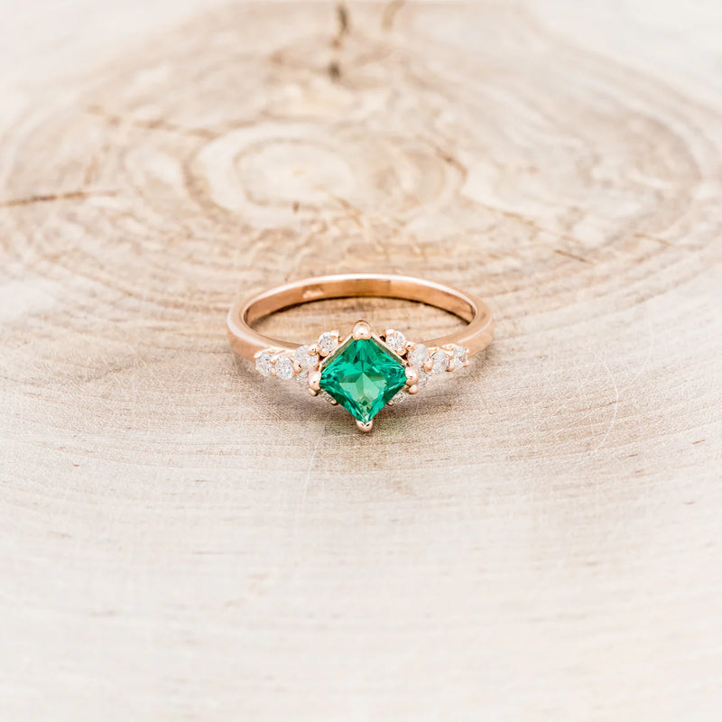 "LAYLA" - PRINCESS CUT LAB-GROWN EMERALD ENGAGEMENT RING WITH DIAMOND ACCENTS - 14K ROSE GOLD - SIZE 7-4