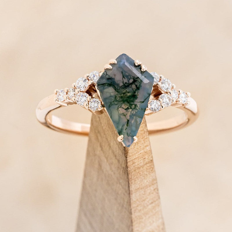 "LANIE" - KITE CUT MOSS AGATE ENGAGEMENT RING WITH DIAMOND ACCENTS