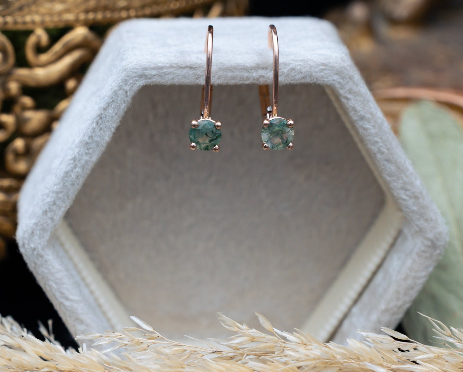 Lever Back Moss Agate Earrings In 14K Gold-Staghead Designs